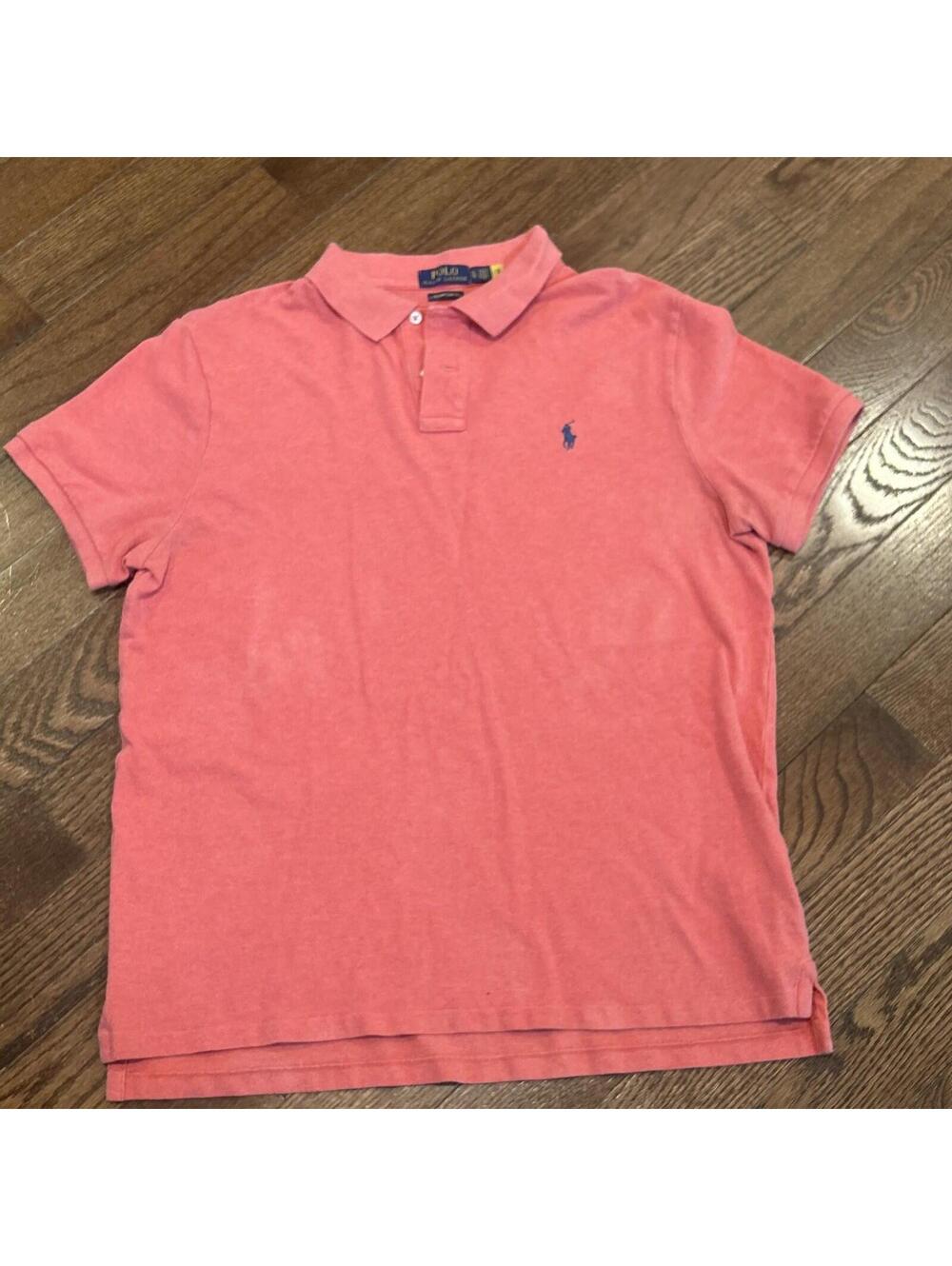 Men's POLO Ralph Lauren Custom Slim Fit Salmon Blue Pony Polo Shirt Size L